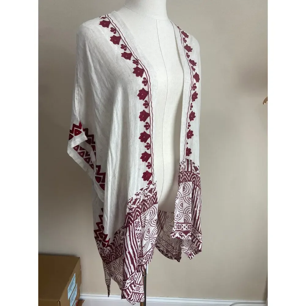Chico's S/M Linen Blend Mixed Print Ruana Wrap Beach Summer Lightweight Boho
